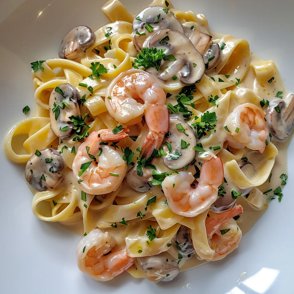 Tagliatelles aux crevettes et champignons frais