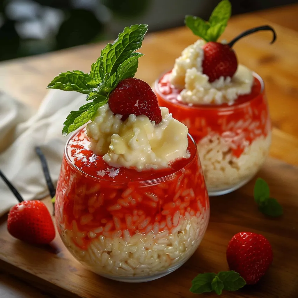 Riz au lait crémeux à la fraise avec coulis et chantilly