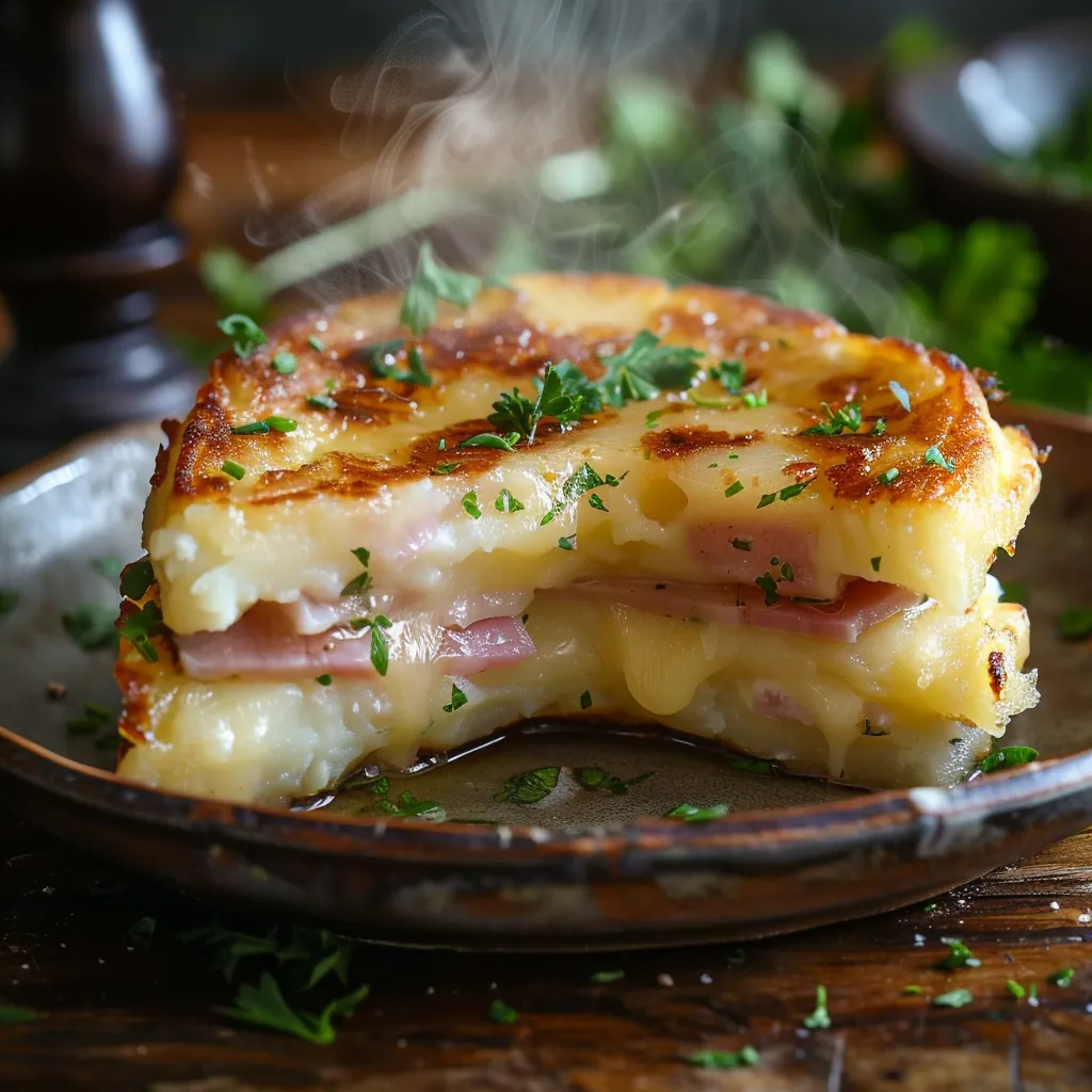 Gâteau aux pommes de terre farci au jambon et fromage