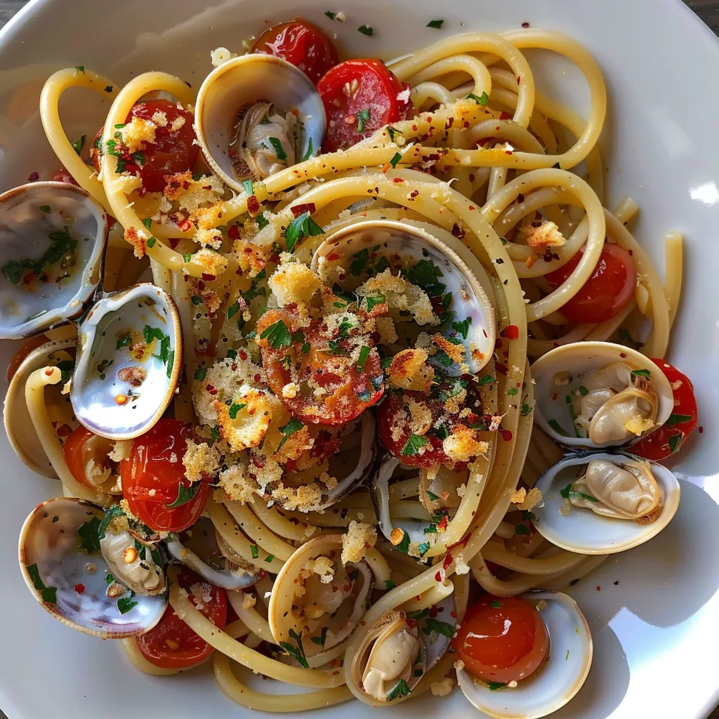 Bucatini aux tomates et mactres de Stimpson, un plat savoureux