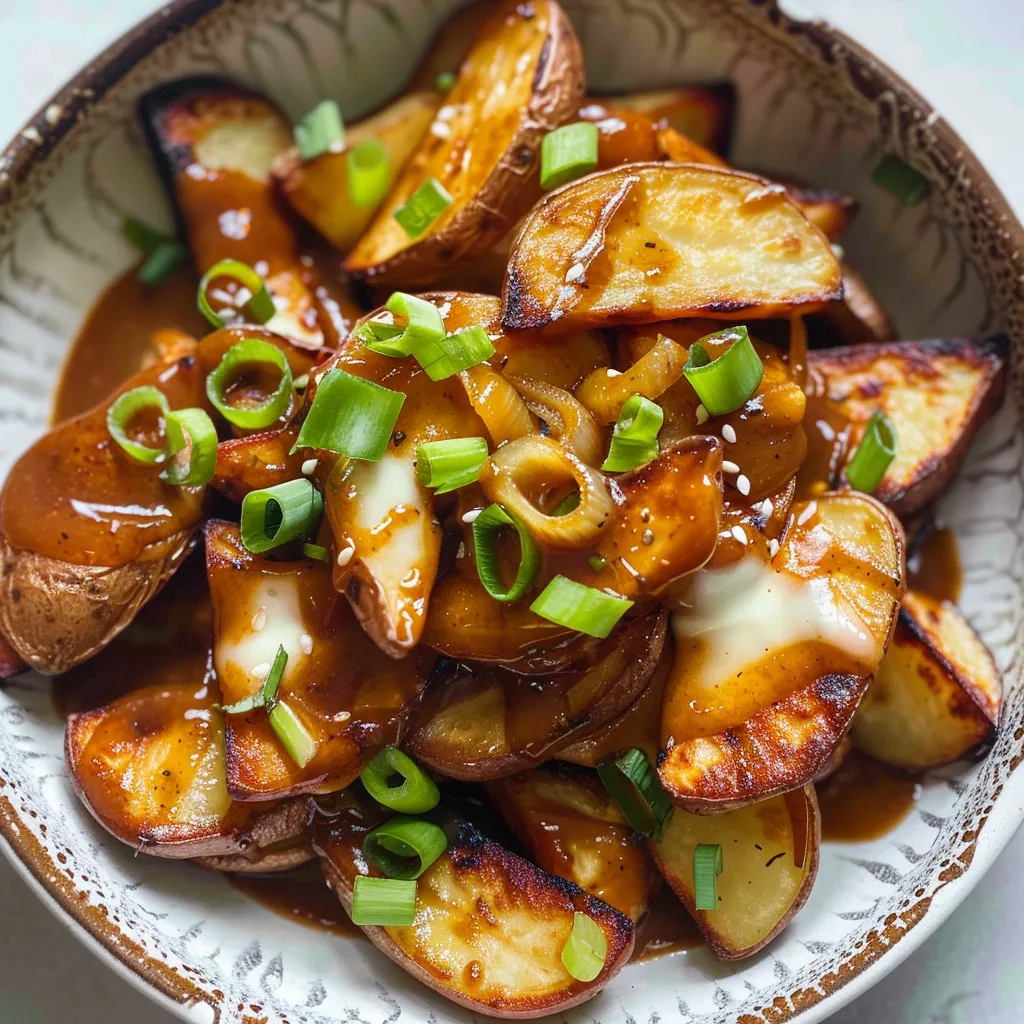Poutine végé au fromage halloumi grillé et sauce savoureuse