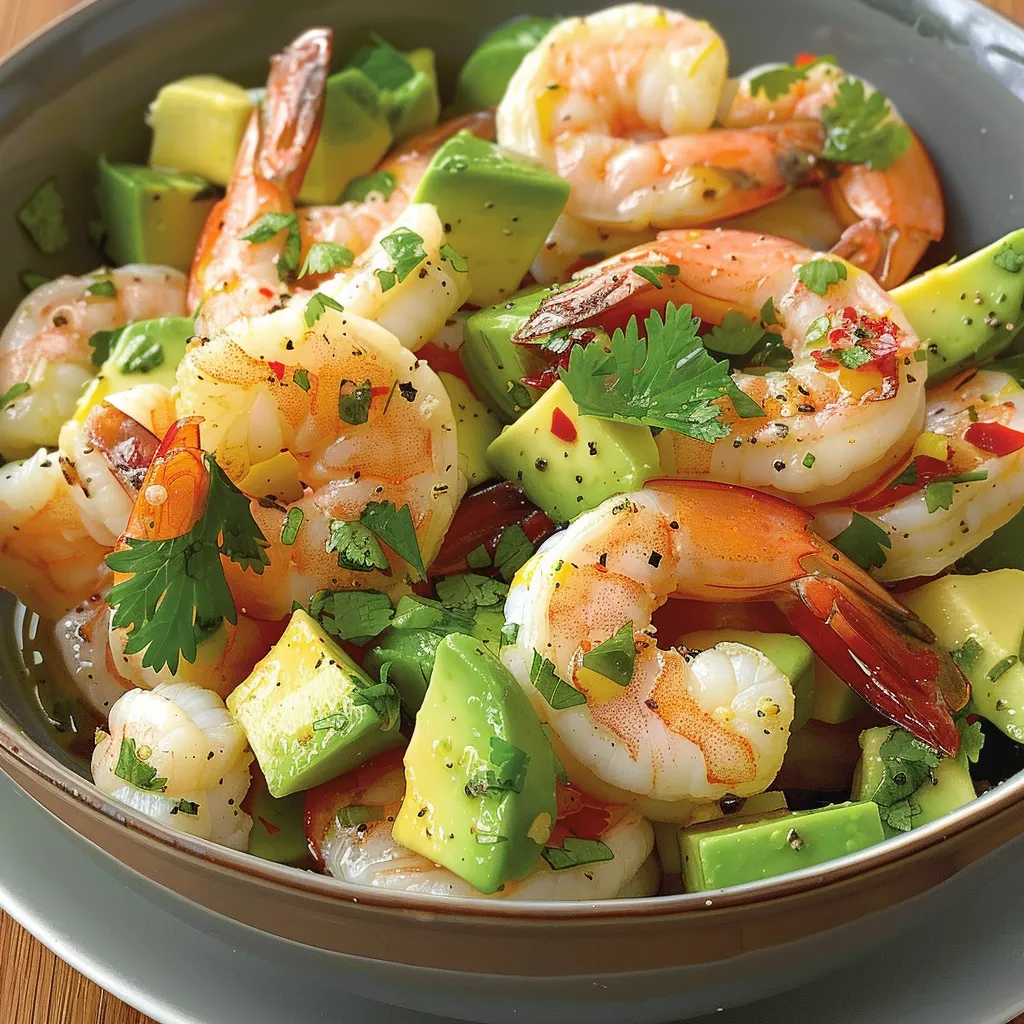 Savoureuse salade de crevettes marinées et avocat