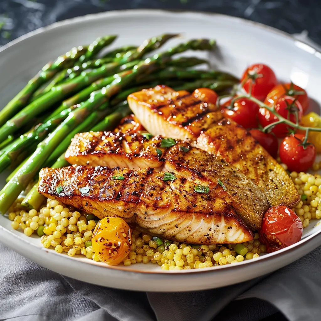 Délicieuse truite grillée, boulgour et légumes