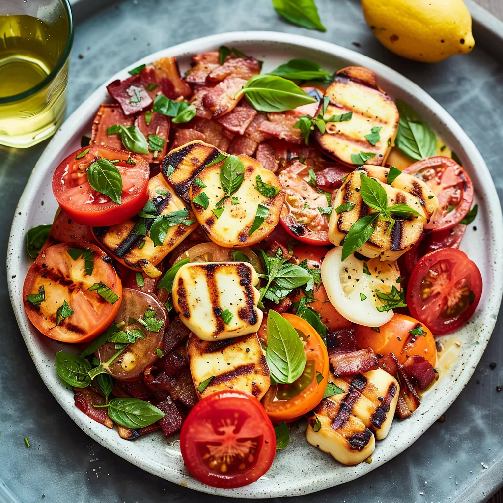 Salade de tomates au bacon et halloumi grillés