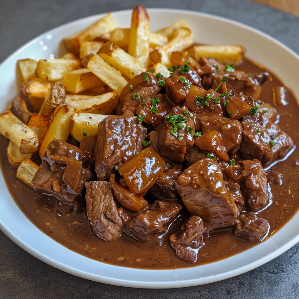 Plat de viande en sauce avec des pommes de terre rôties et des herbes fraîches sur une assiette blanche.