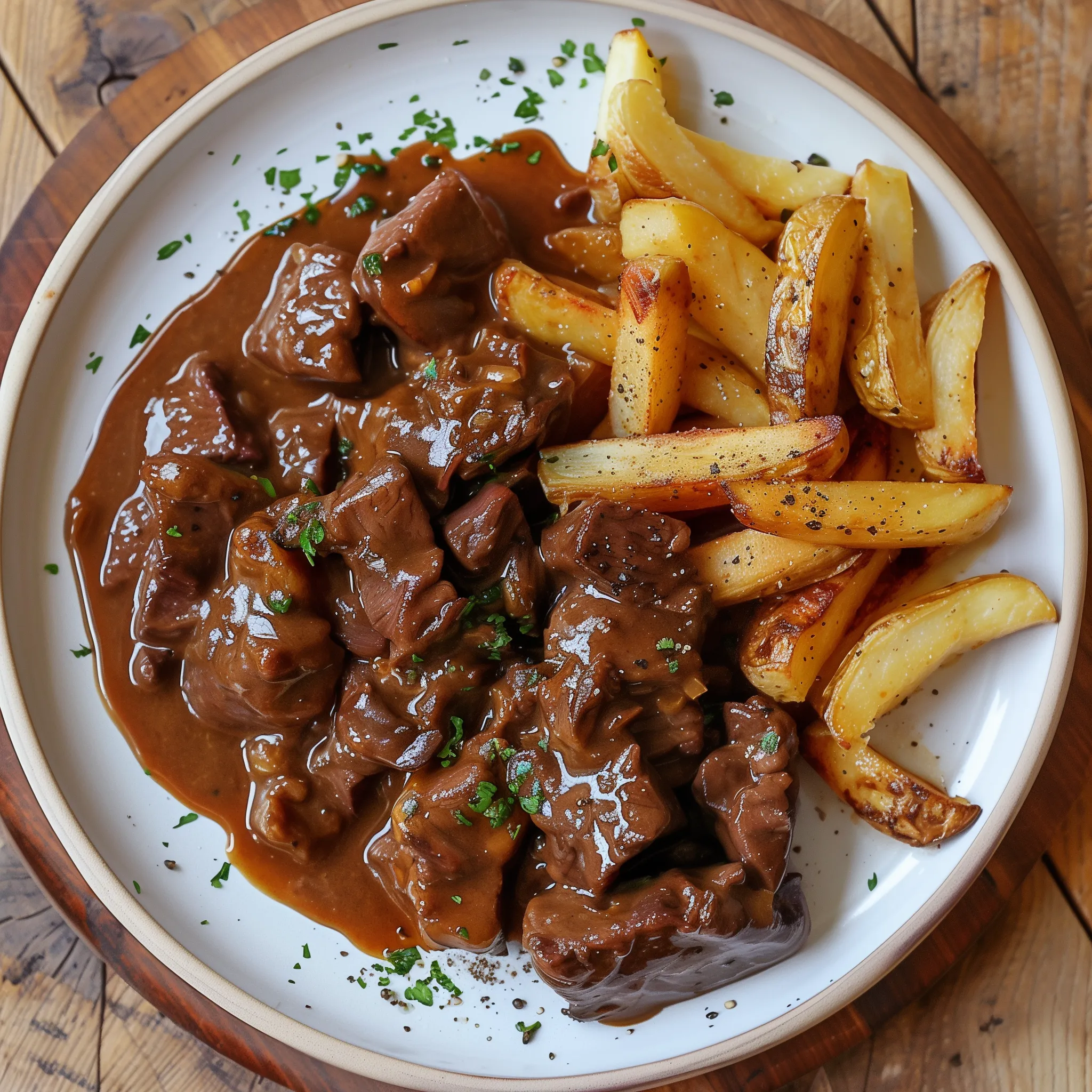 Un plat de viande braisée dans une sauce épaisse, accompagné de pommes de terre rôties, décoré d'une brin de thym.
