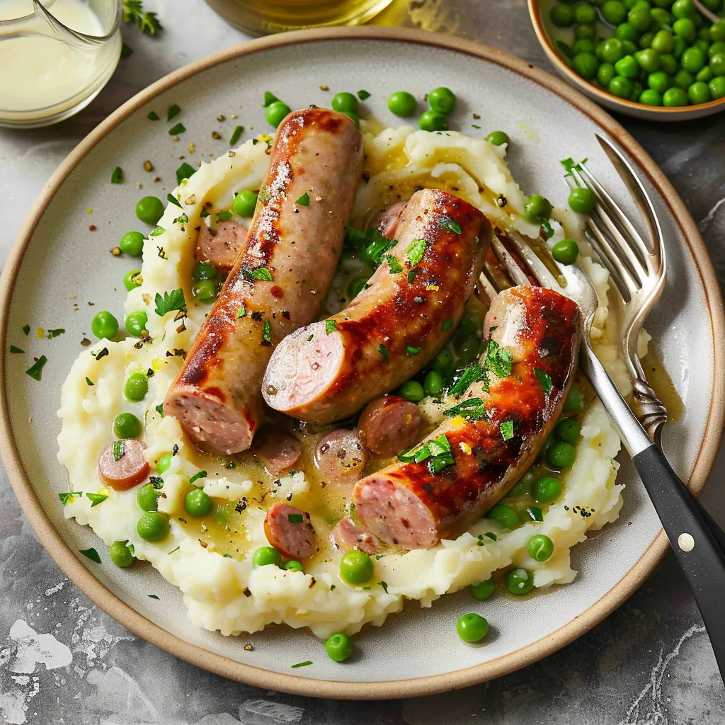 Purée de pommes de terre aux saucisses et petits pois