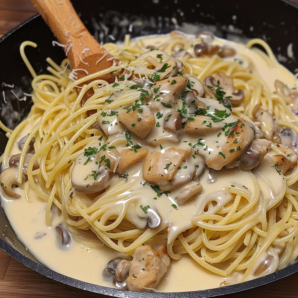 Spaghettis poulet et champignons