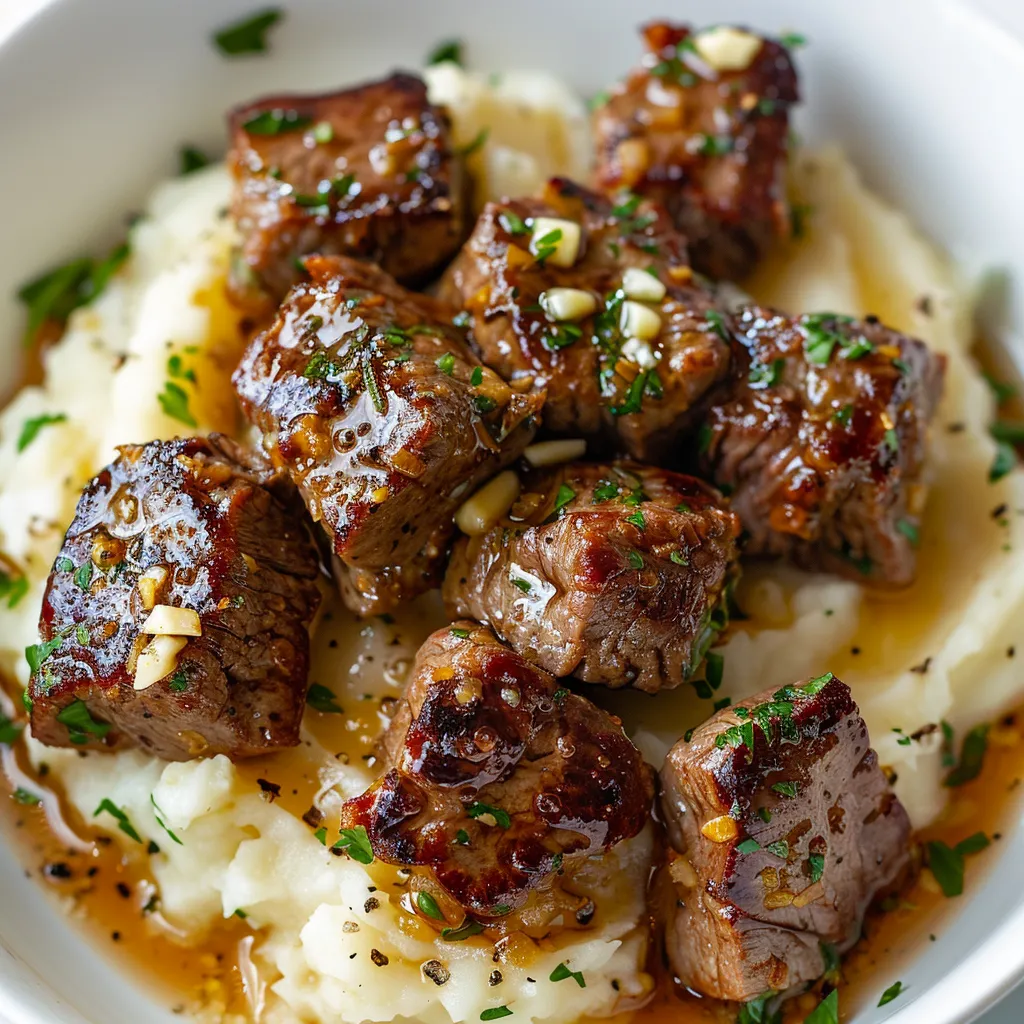 Bouchées de steak au beurre et ail avec purée maison