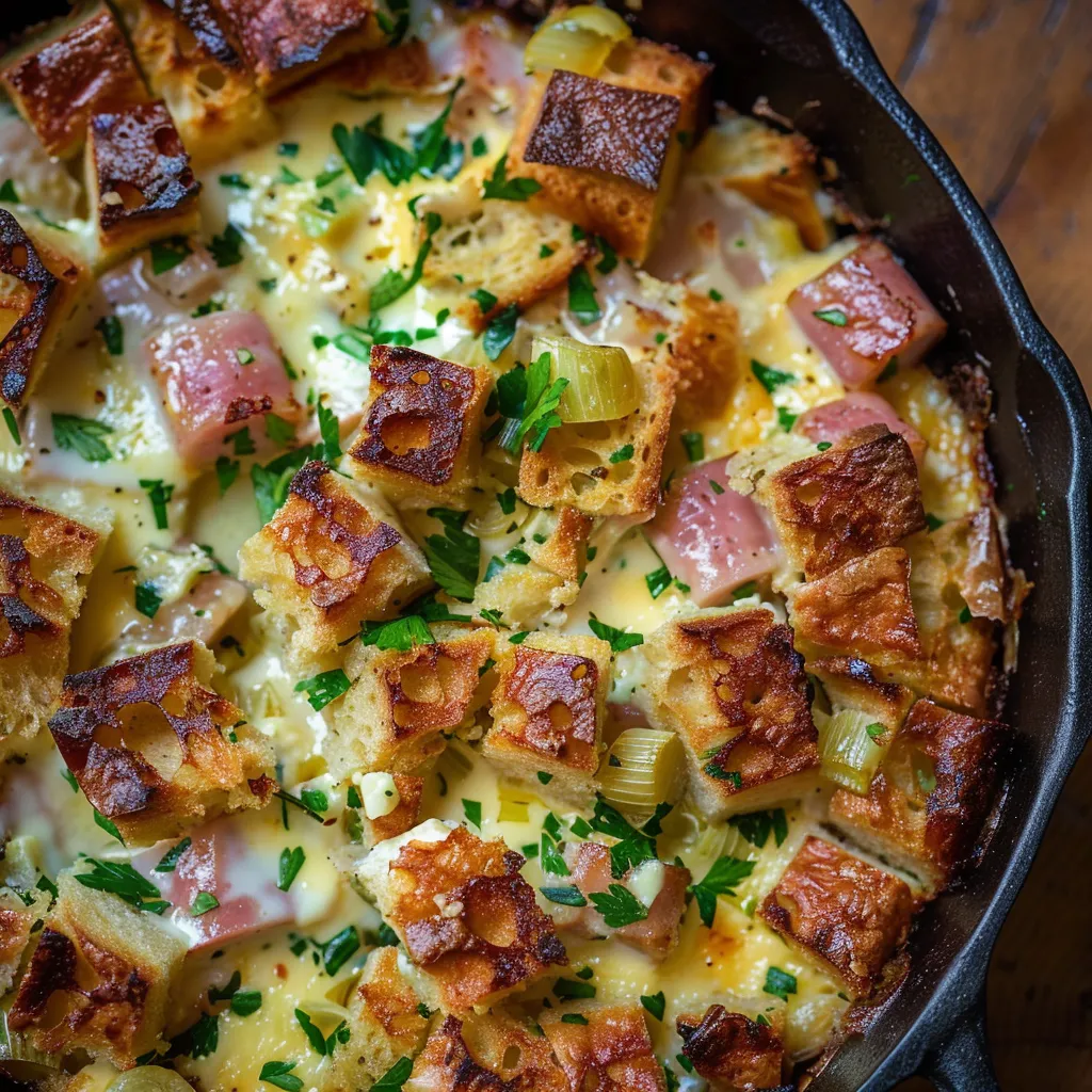 Strata poireau jambon mimolette