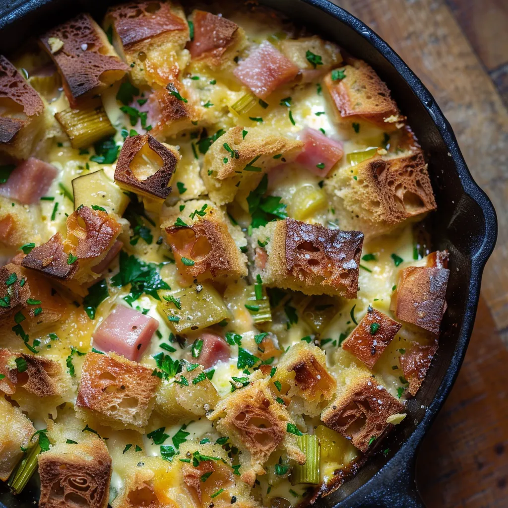 Délicieuse strata au poireau, jambon et mimolette