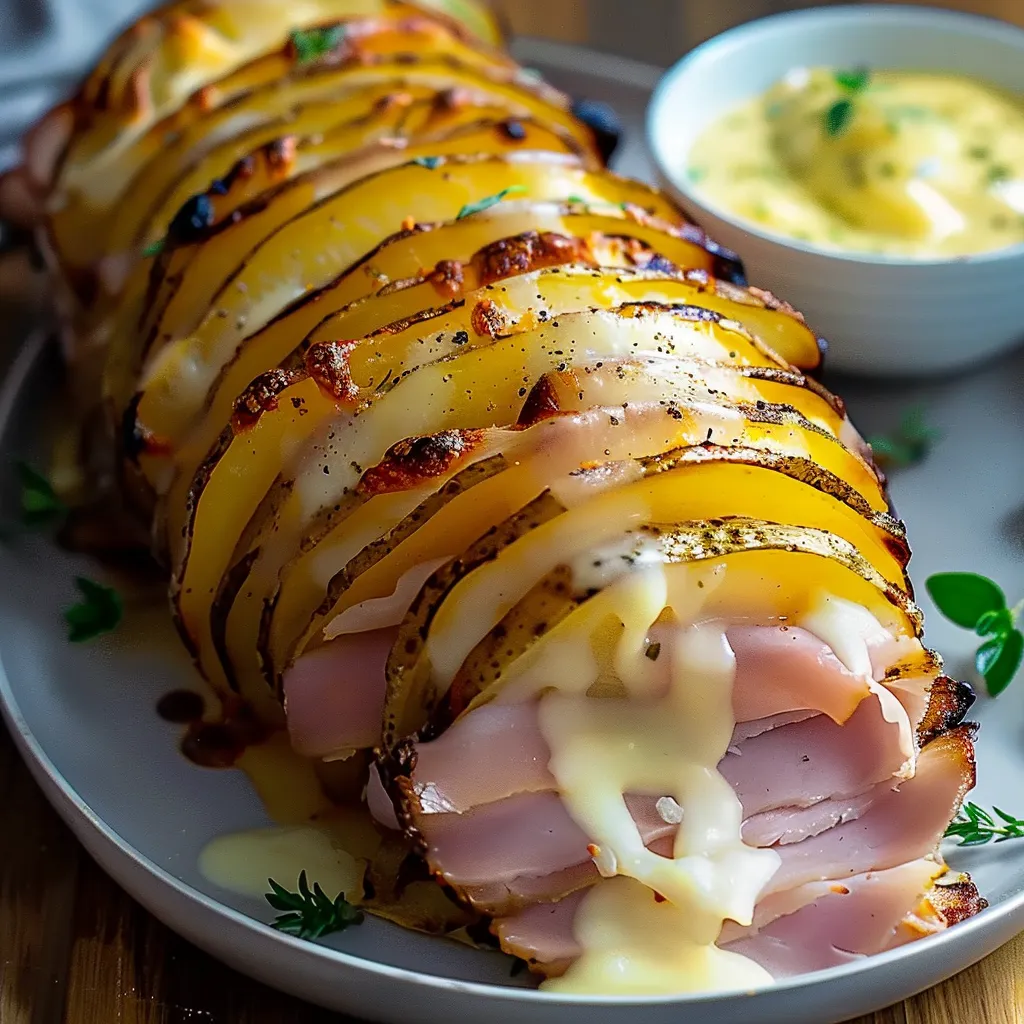 Rôti gourmand aux pommes de terre, jambon et fromage fondu