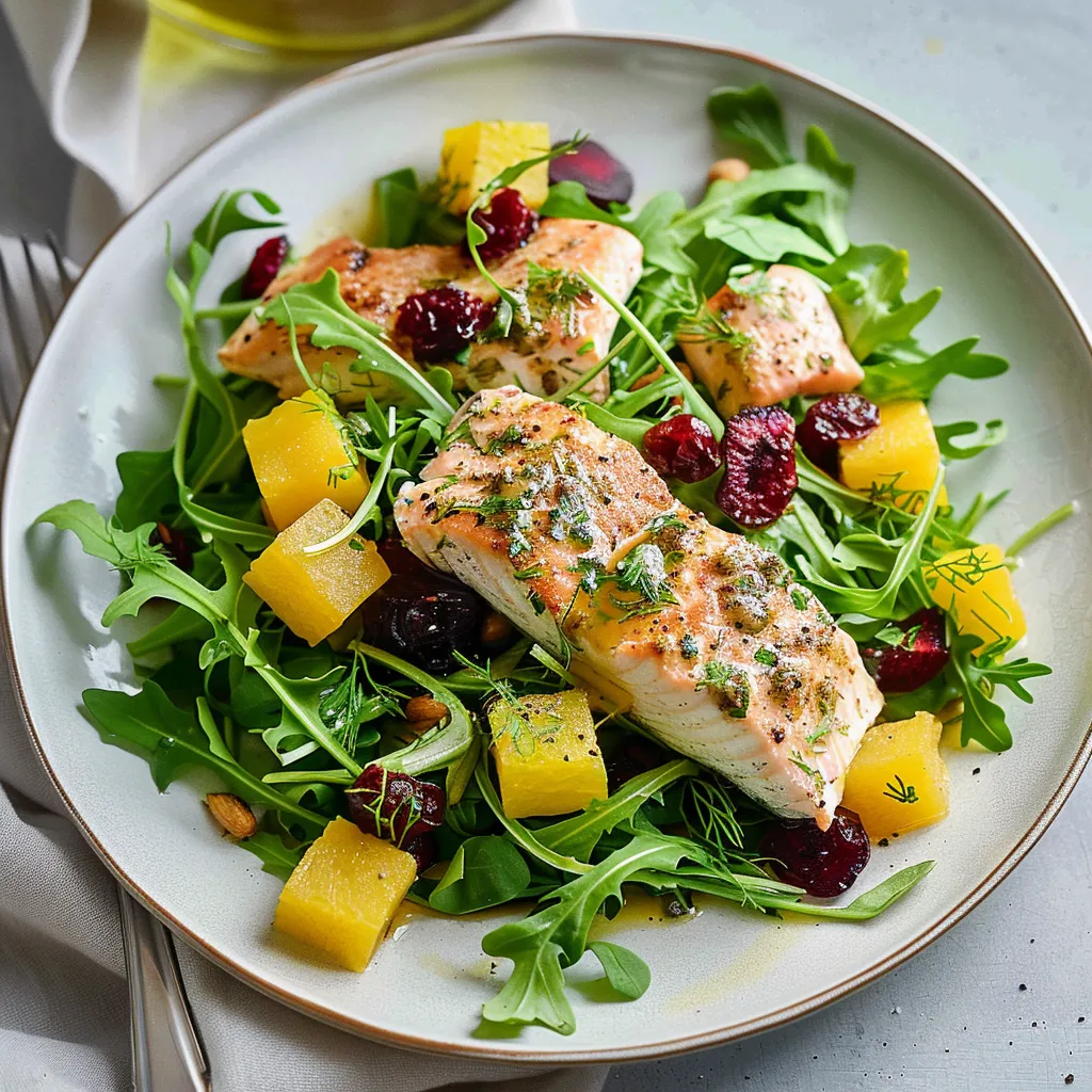 Délicieuse salade roquette, truite et betteraves jaunes