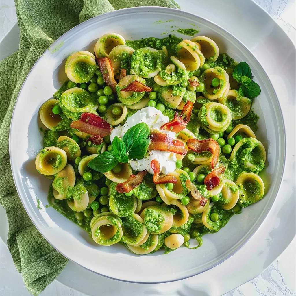 Orecchiettes aux petits pois, labneh et pancetta croustillante