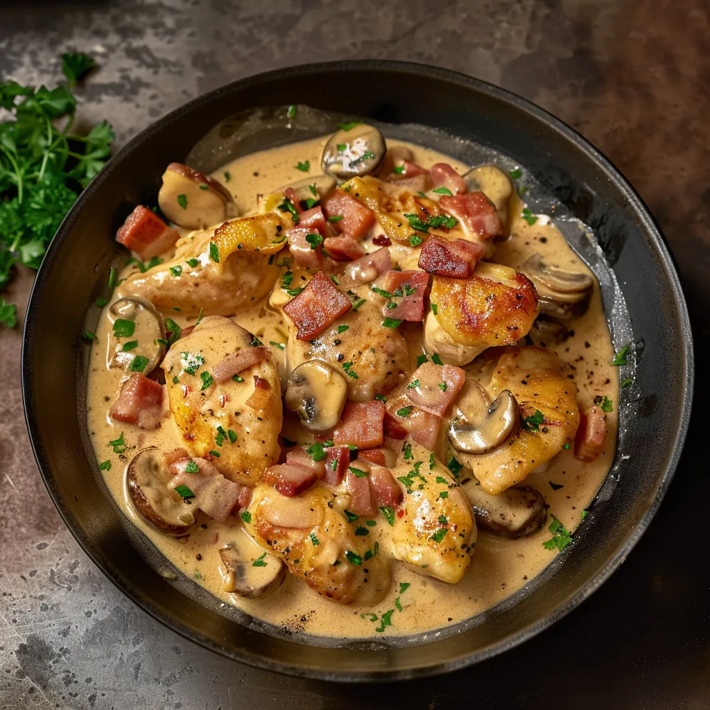 Un plat de poulet doré, agrémenté de champignons et de morceaux de bacon, garni de persil frais, servi dans une sauce crémeuse.