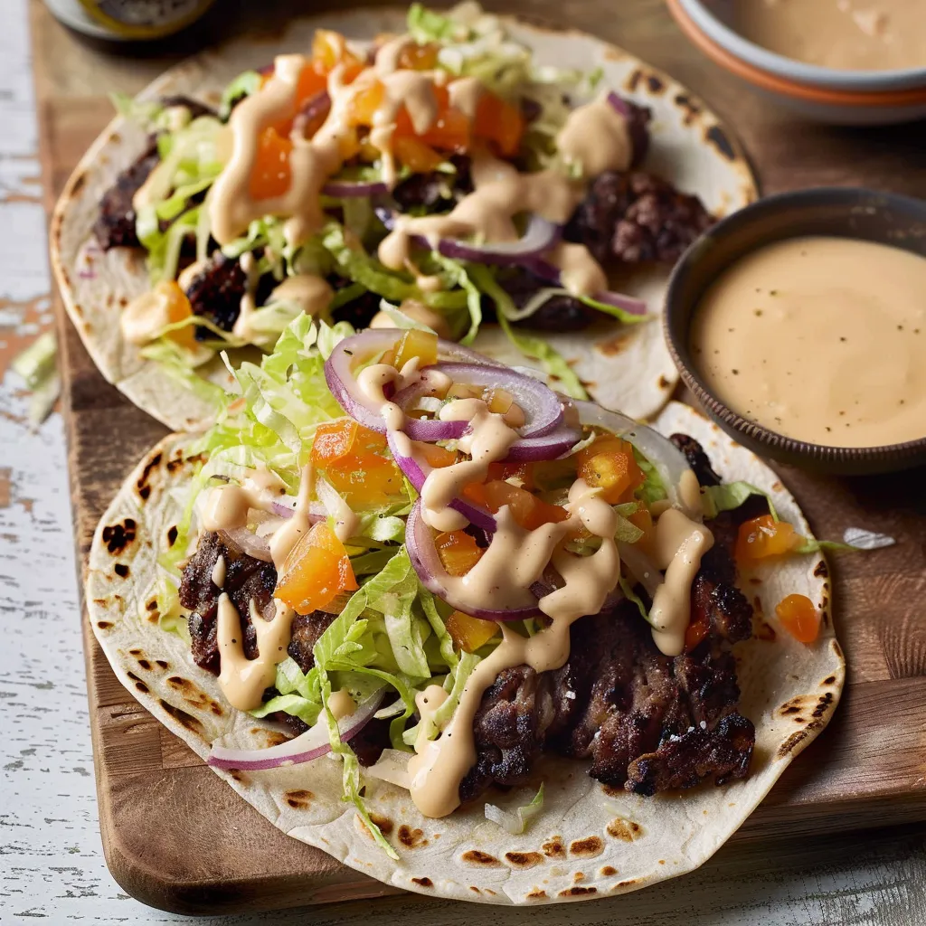 Tacos garnis de viande, fromage et sauce maison