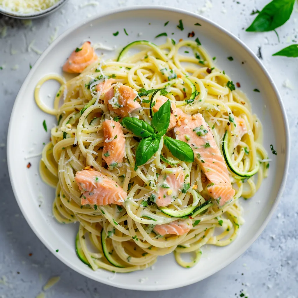 Pâtes au saumon et courgettes, zeste de citron et parmesan
