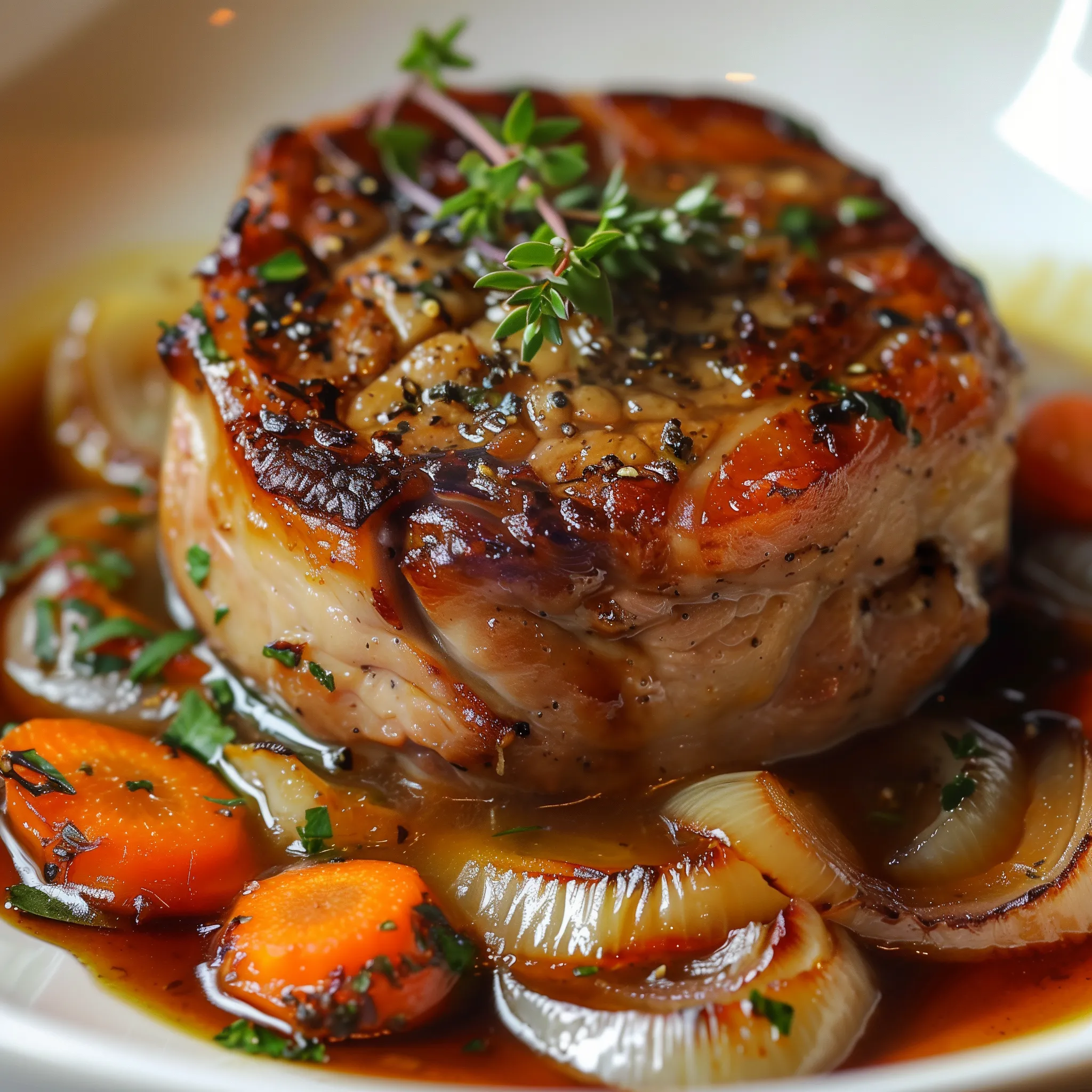 Un plat savoureux de viande rôtie accompagnée d'oignons caramélisés et nappé d'une sauce onctueuse.