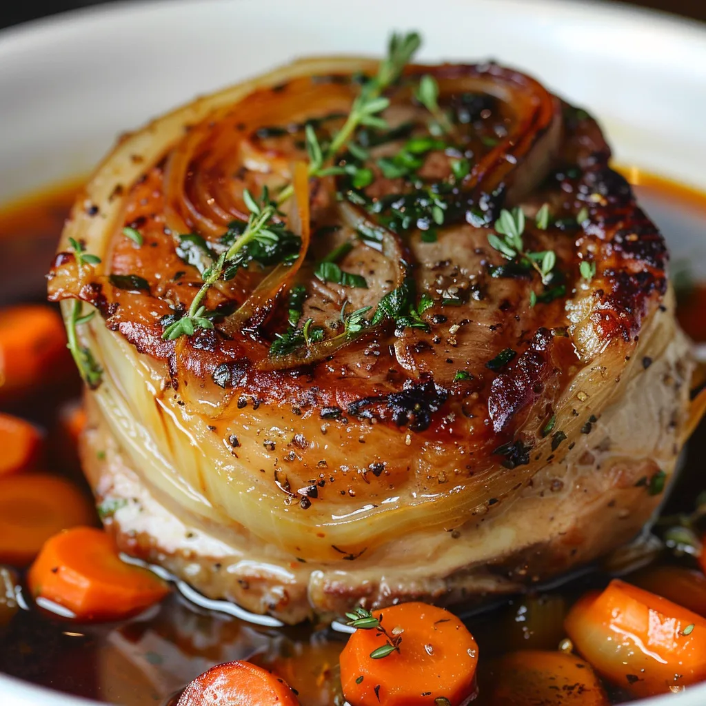 Un plat savoureux de morceaux de viande braisée, accompagnés d'oignons et nappés d'une sauce crémeuse.