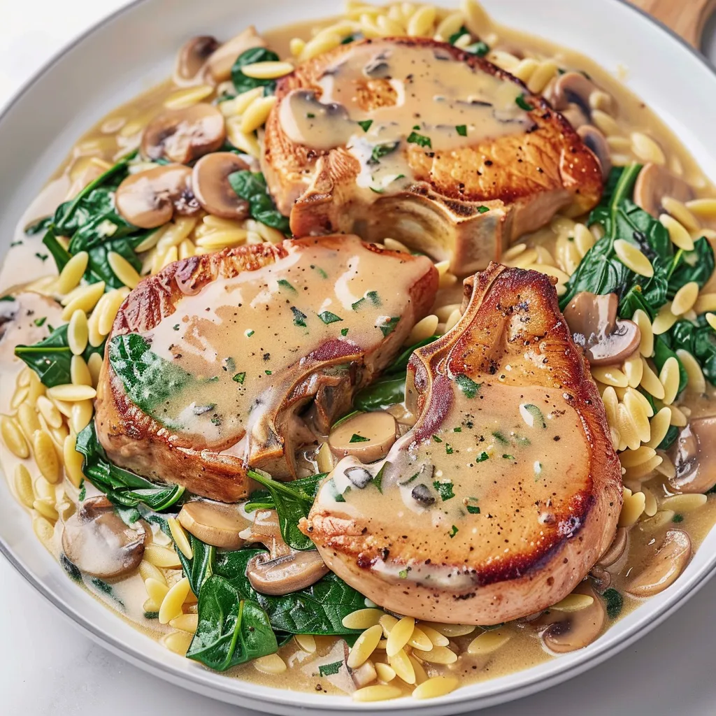 Côtelettes de porc et orzo crémeux aux champignons