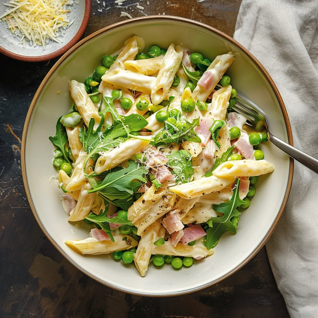 Pâtes citron, jambon et roquette