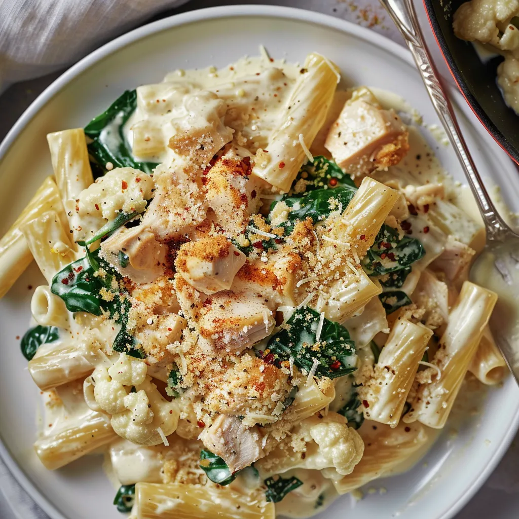 Rigatonis avec une sauce crémeuse au chou-fleur et poulet