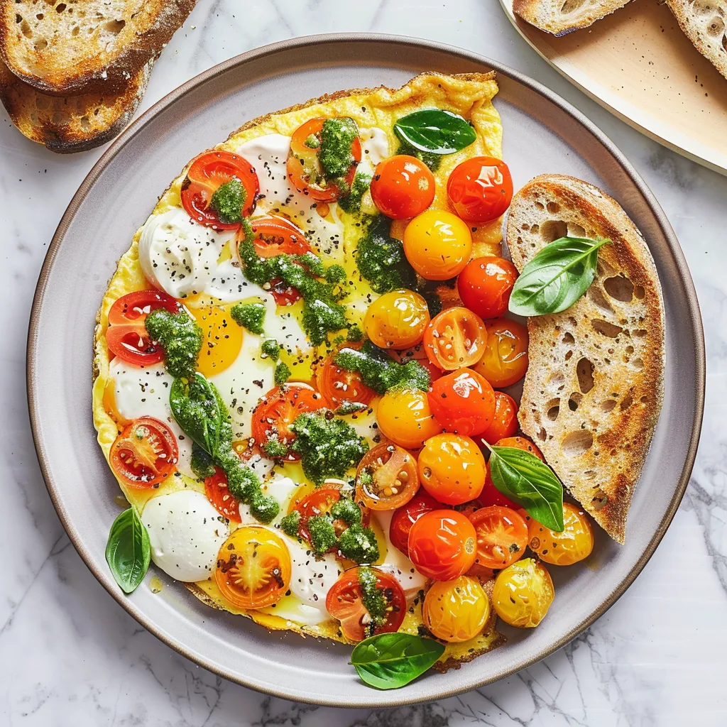 Savoureuse omelette aux tomates, mozzarella et pesto maison