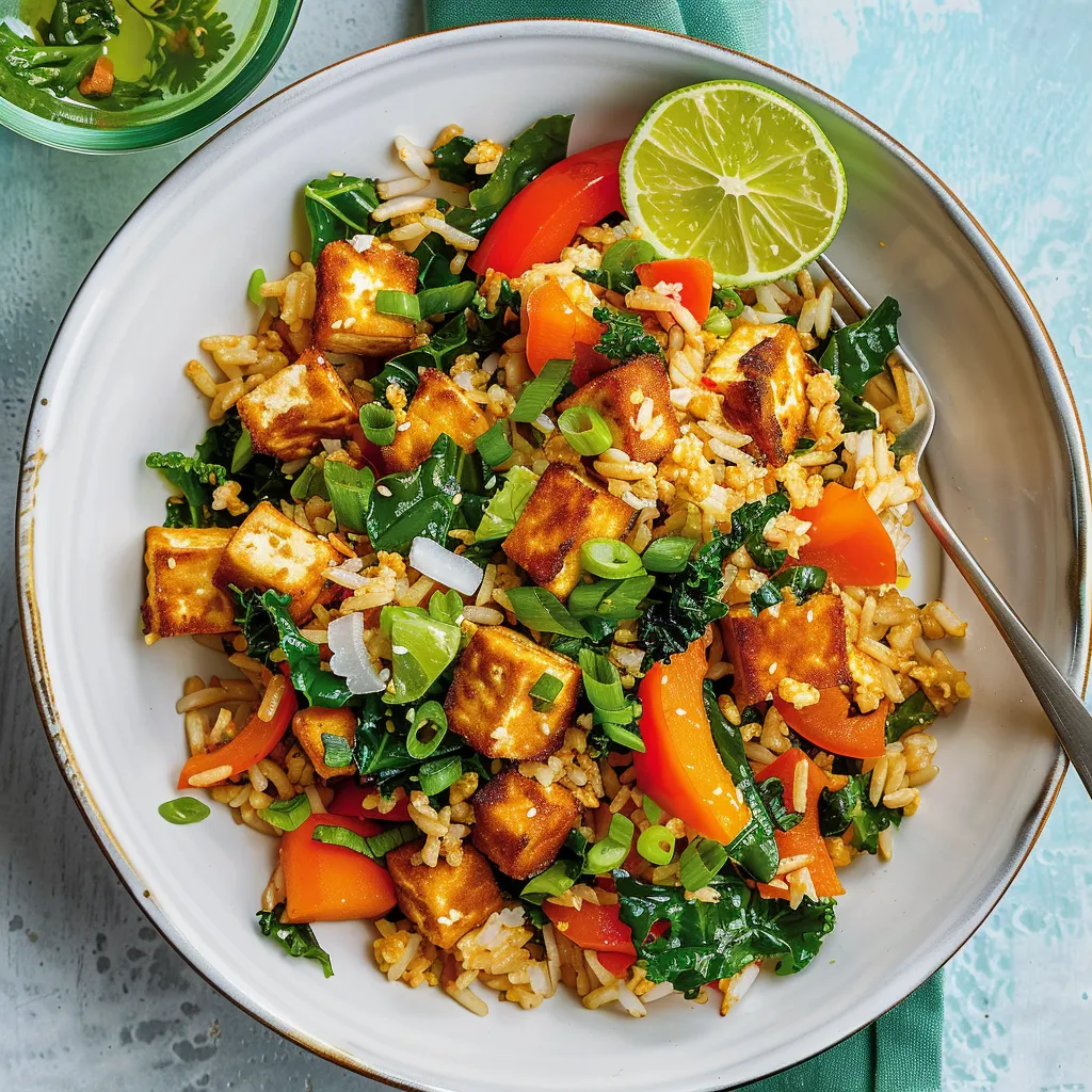 Riz frit savoureux au tofu et légumes