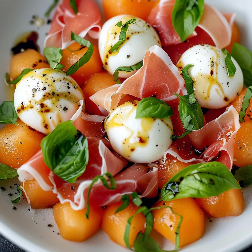 Salade fraîche melon, jambon cru et mozzarella