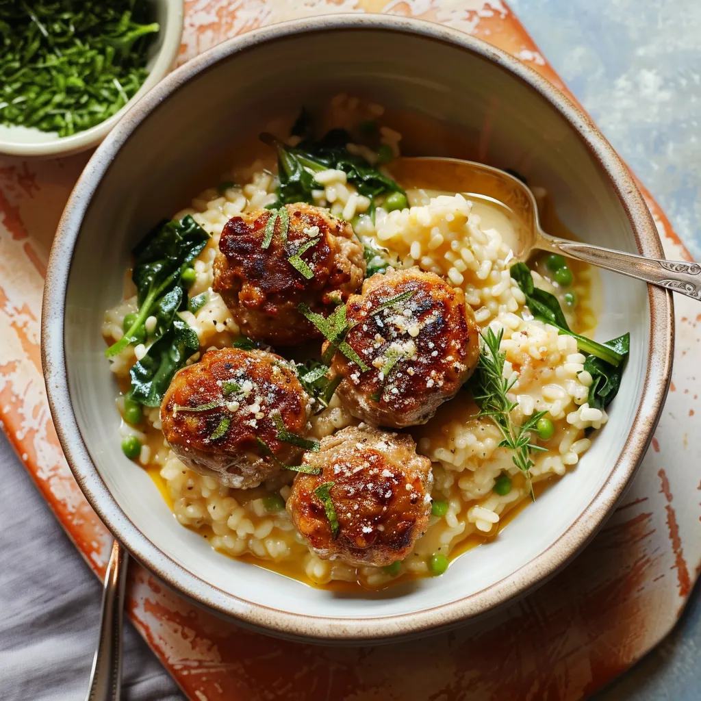 Risotto crémeux aux boulettes de porc et éclats de pois sucrés
