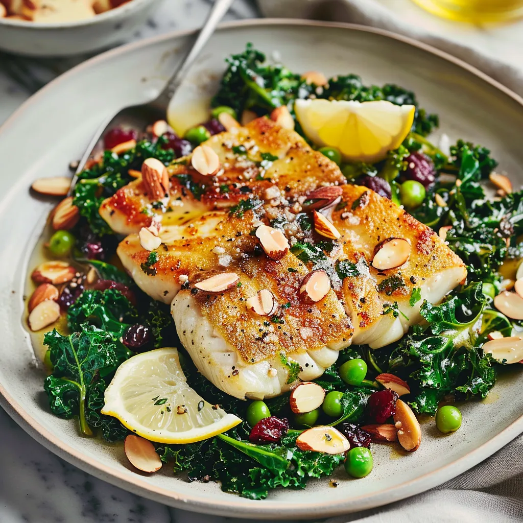 Morue délicatement poêlée avec kale et amandes