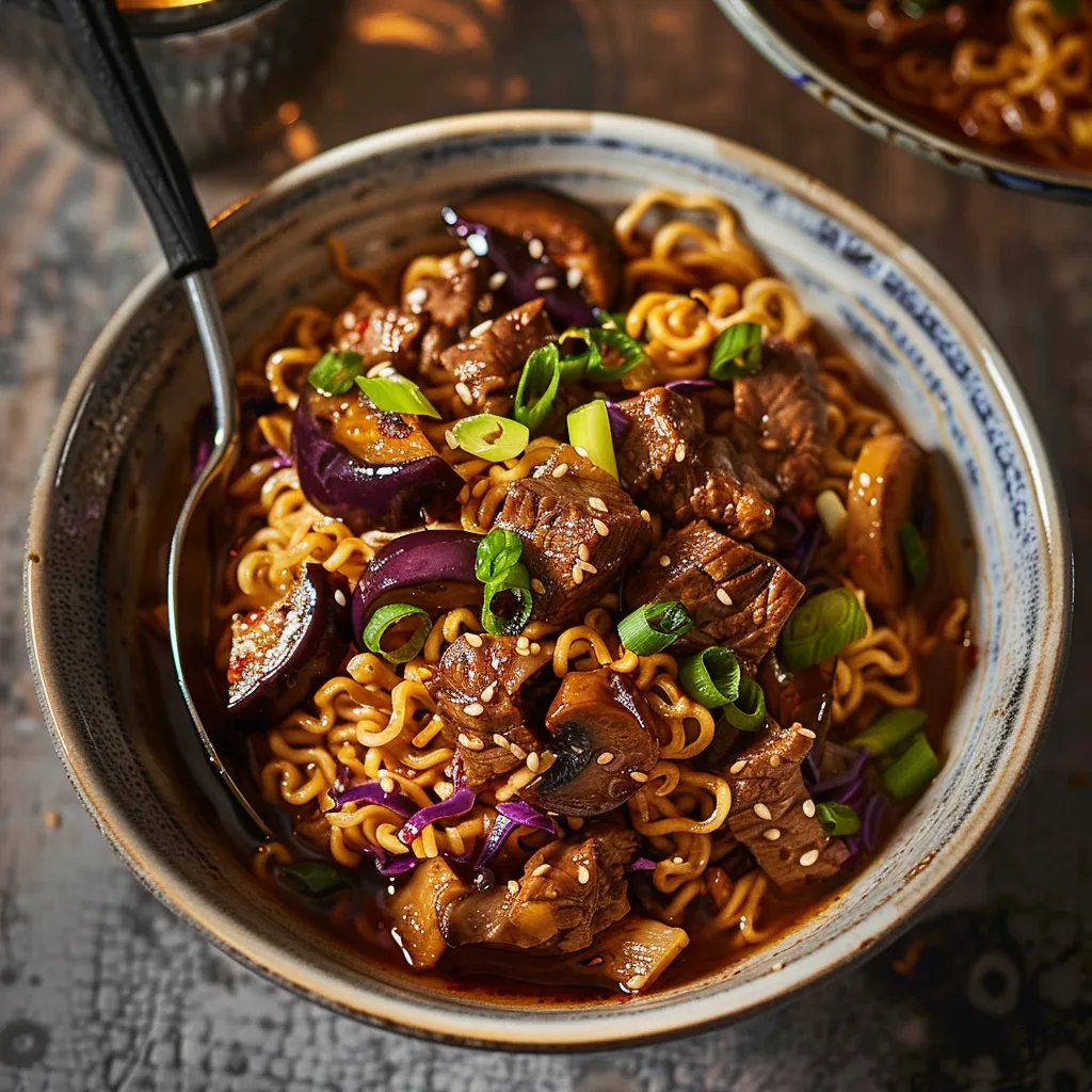 Bols délicieusement garnis de boeuf, aubergines et pleurotes
