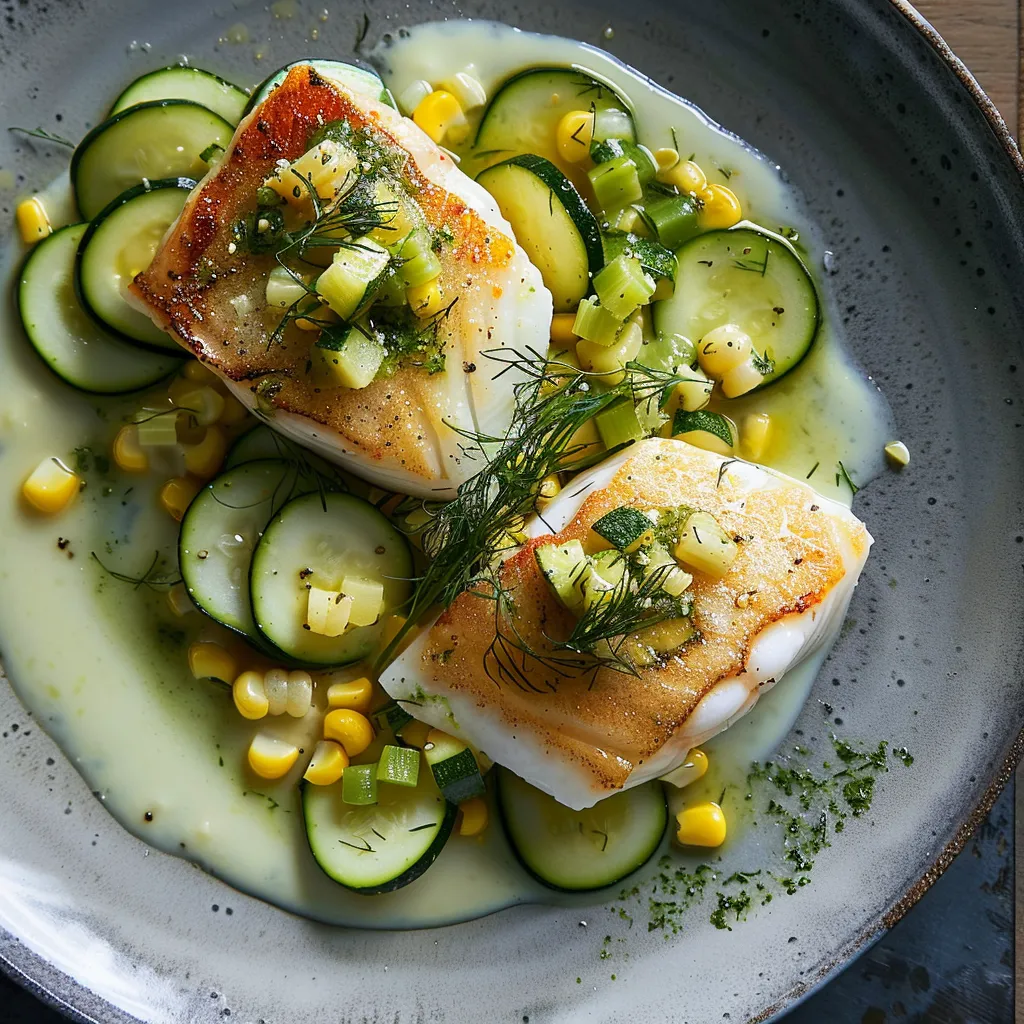 Turbot avec lait de maïs et gremolata à la courgette