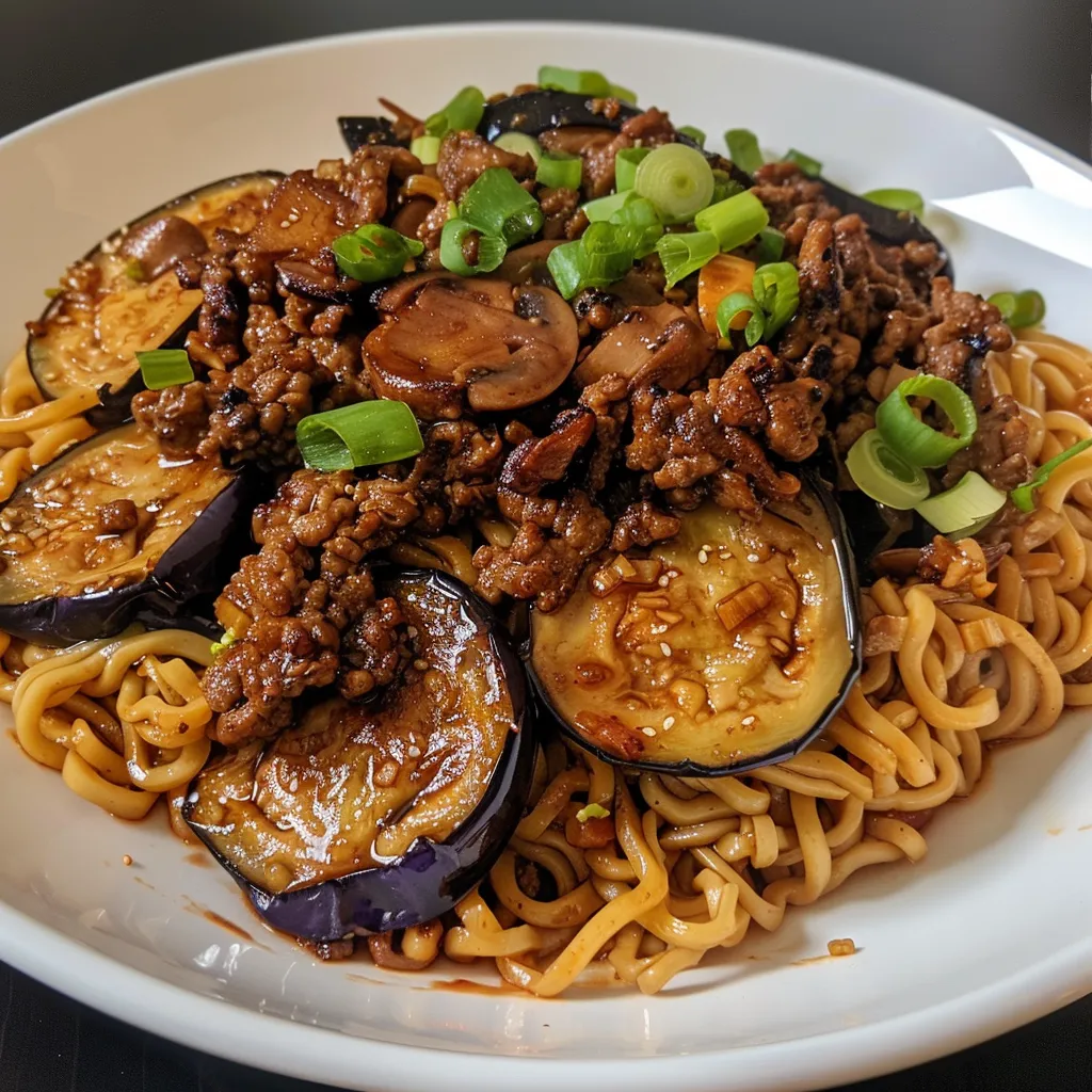 Des pâtes au boeuf, champignons et arachides