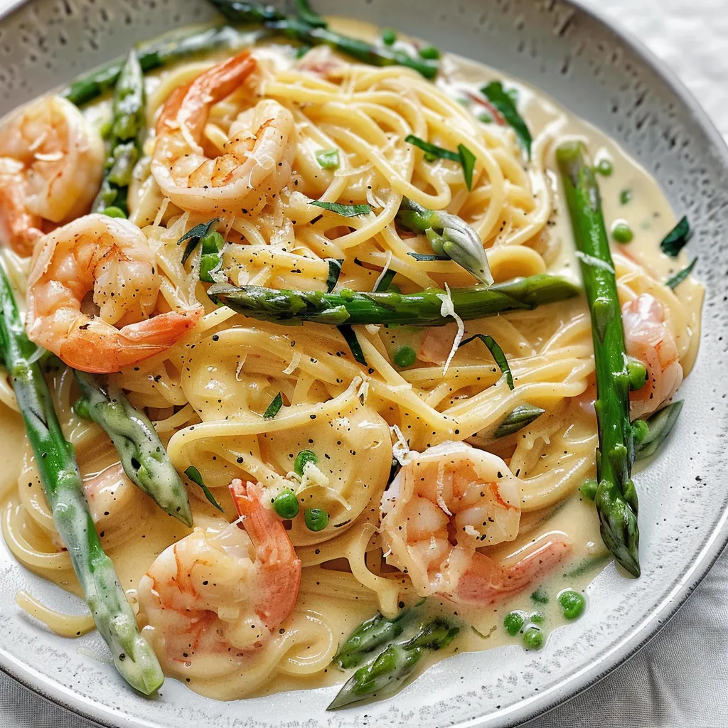 Délicieux spaghettis aux asperges et crevettes
