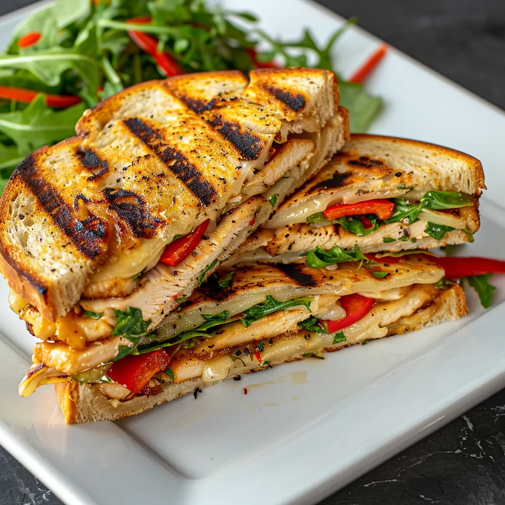 Savourez un délicieux panini au poulet, poivron rôti et gouda fumé