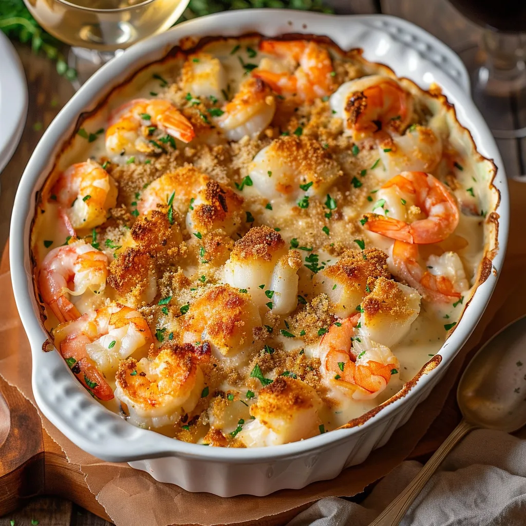 Gratin de fruits de mer gourmand avec crevettes et saumon