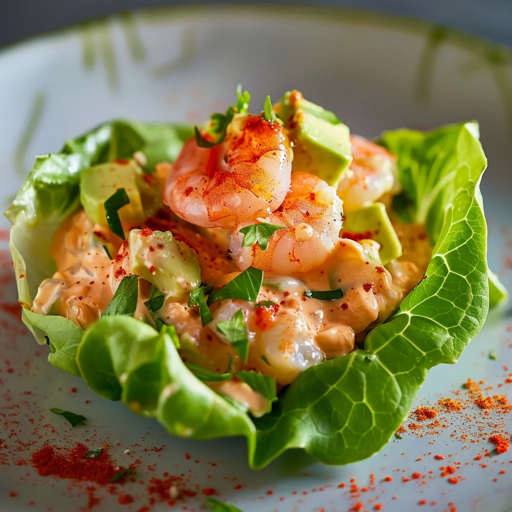 Coupelles légères à l'avocat et crevettes avec sauce cocktail