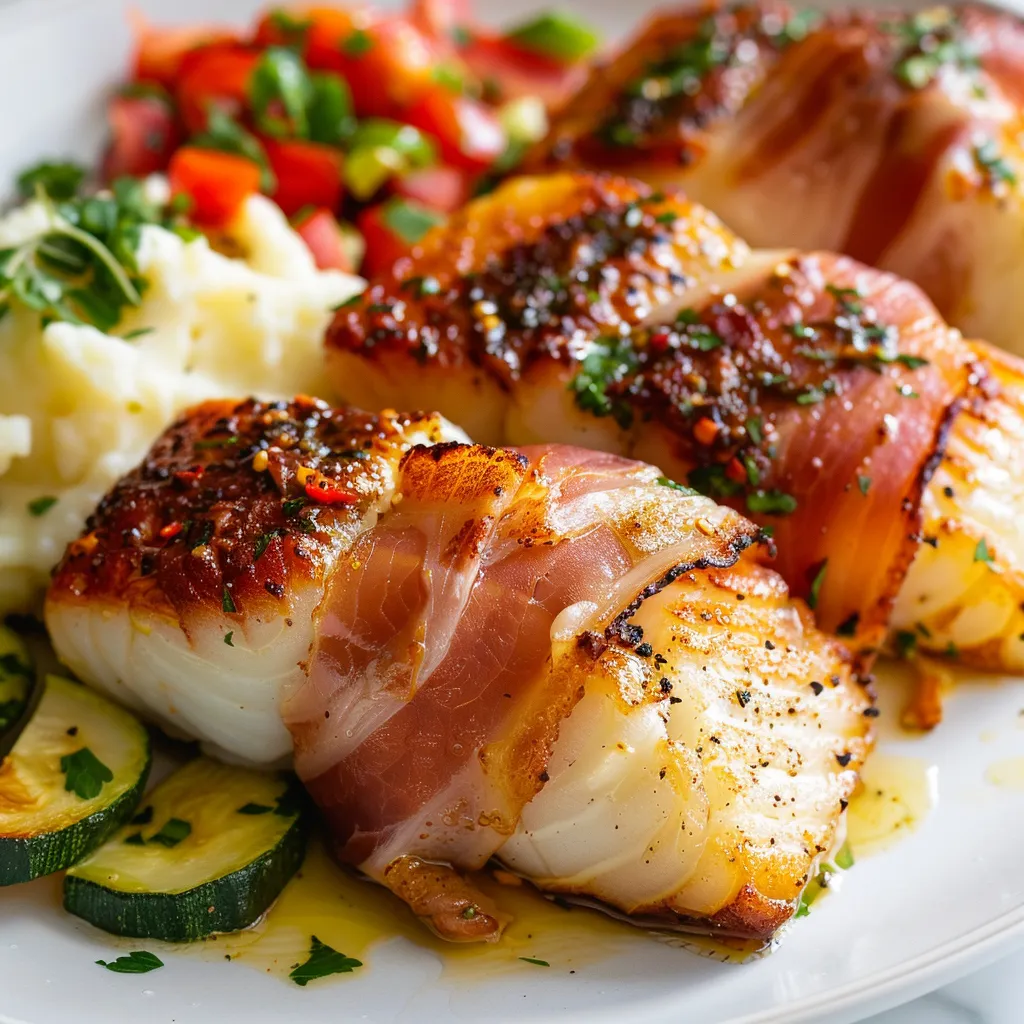 Morue parfumée au paprika fumé enveloppée de prosciutto