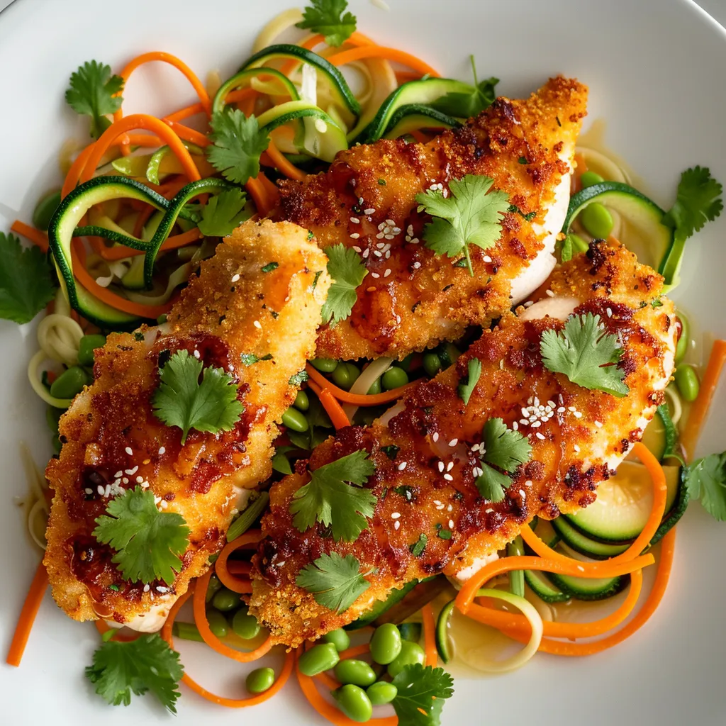 Poulet croustillant et nouilles aux saveurs asiatiques