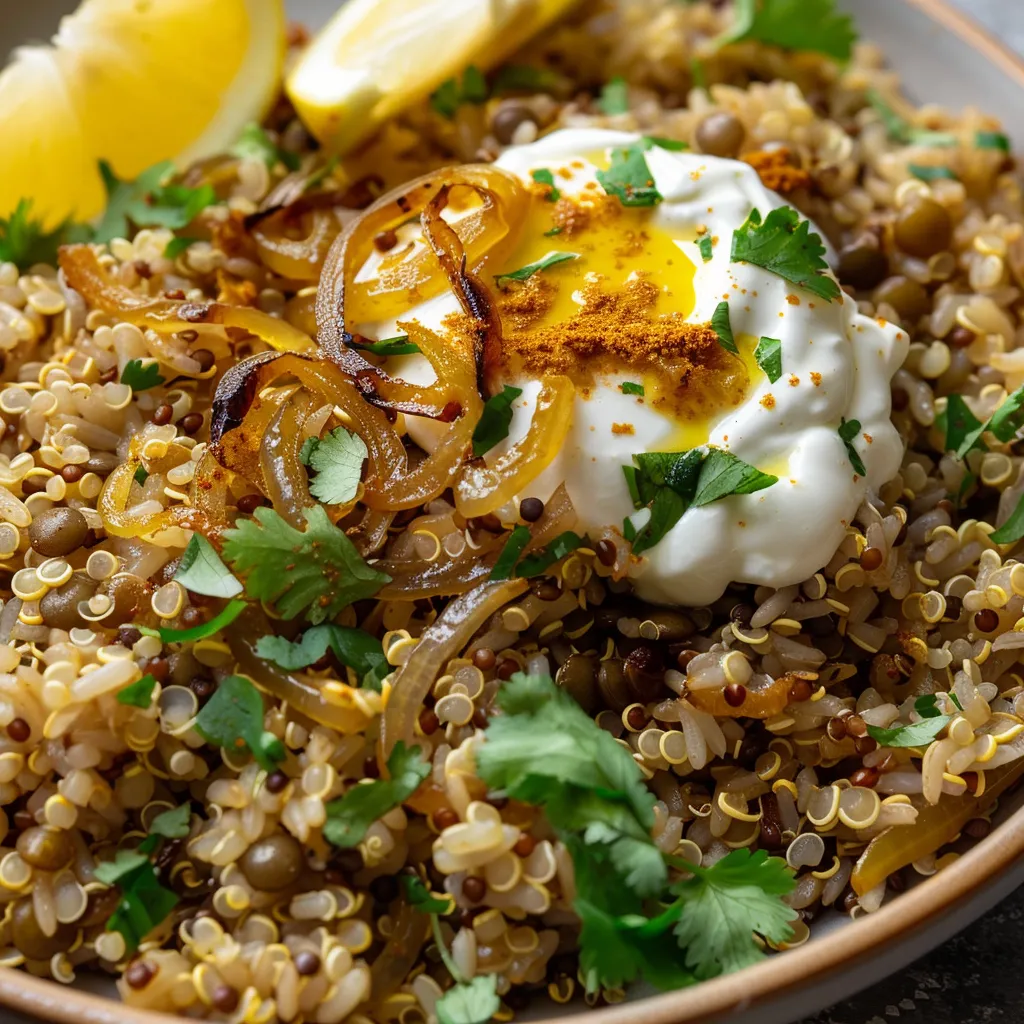 Délicieux riz brun aux lentilles et oignons caramélisés