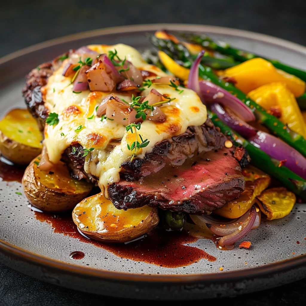 Bavette de bœuf gratinée avec légumes rôtis