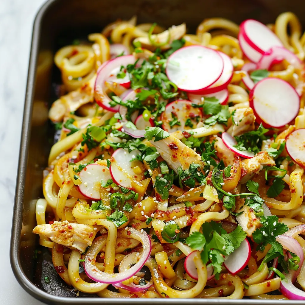 Nouilles udon, poulet, oignons