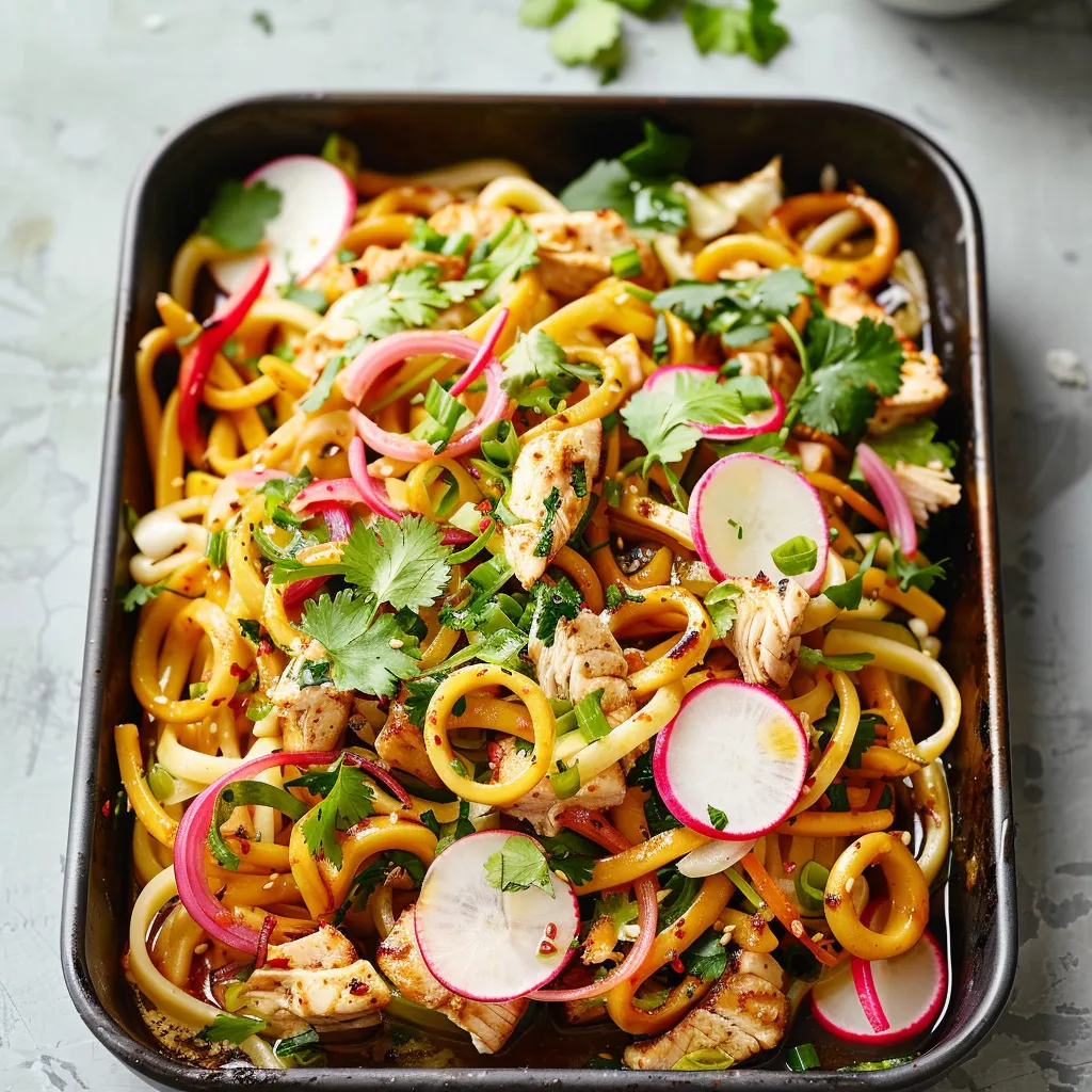 Nouilles udon au poulet et oignons rôtis au cari