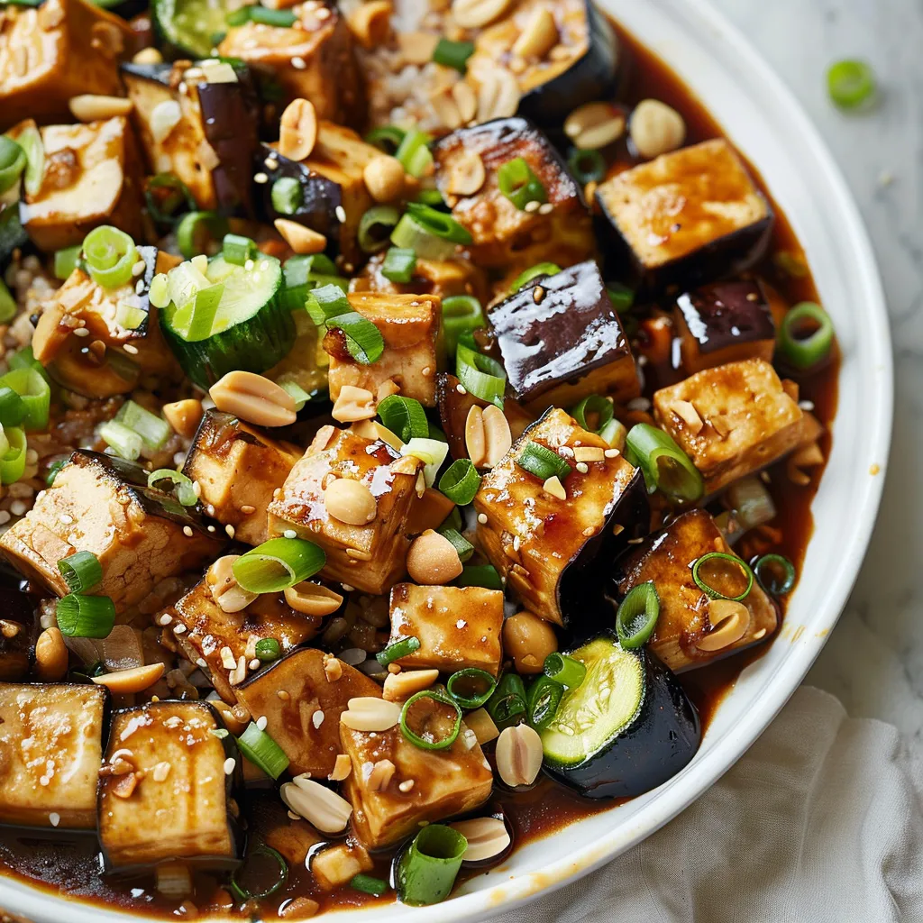 Délicieux sauté d'aubergines, tofu et arachides