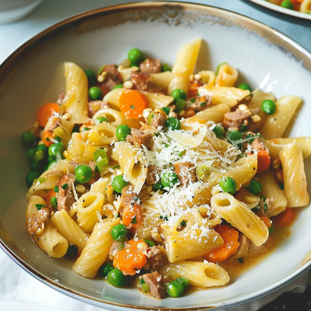 Cavatellis parfumés à la saucisse et petits pois italiens