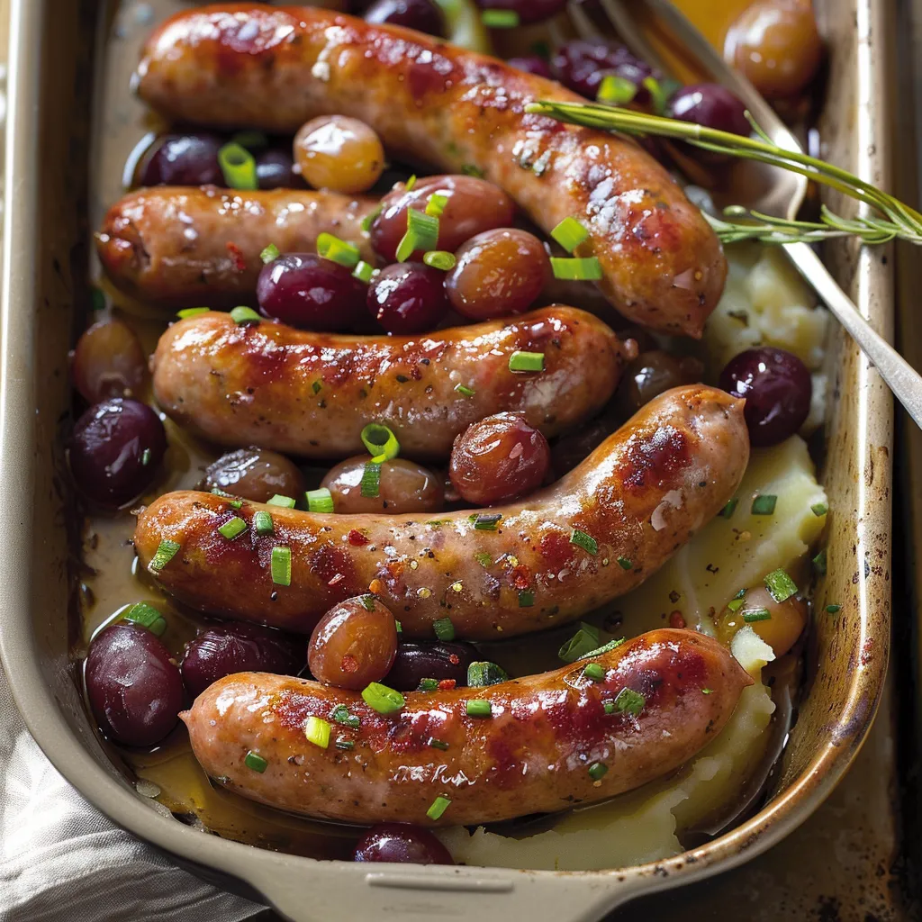 Saucisses de Toulouse et raisins rôtis au four