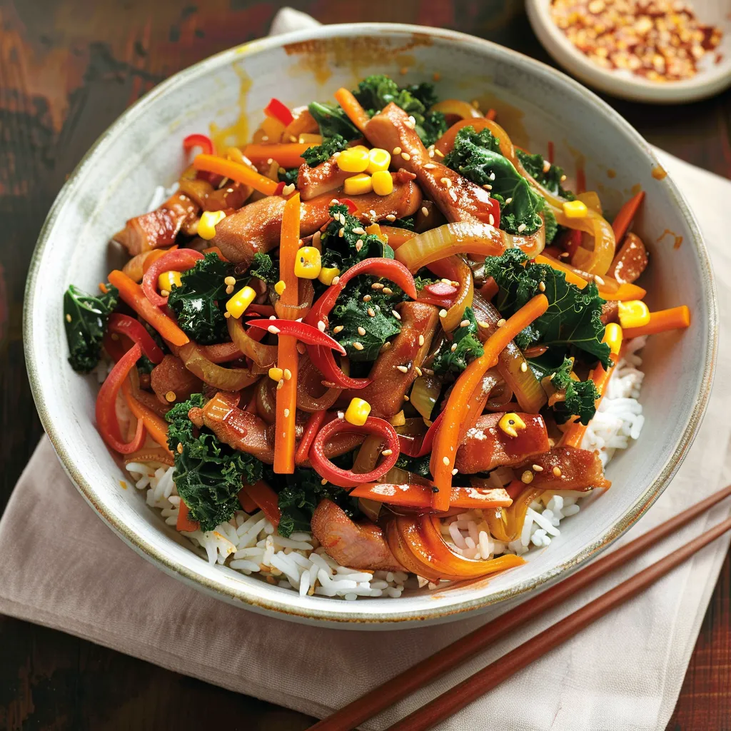 Sauté de porc avec kale et maïs, saveurs équilibrées