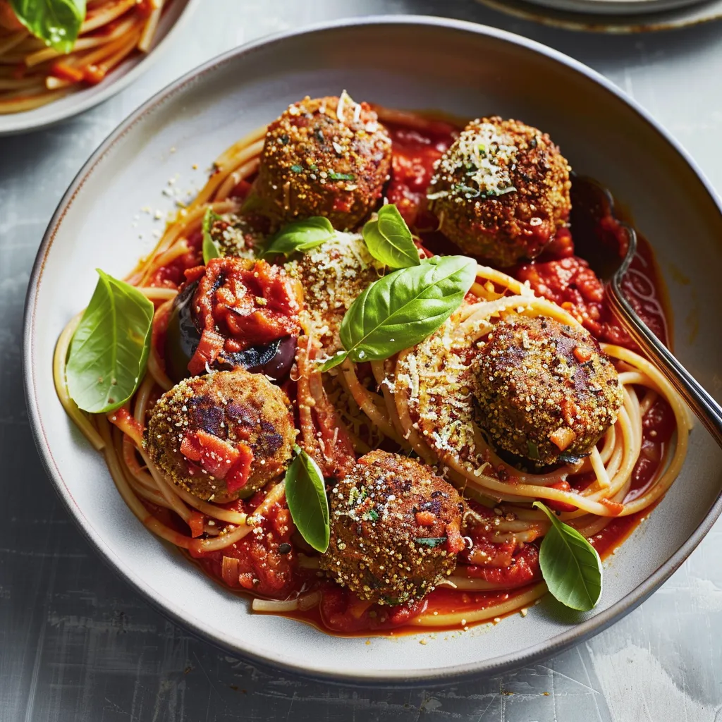 Découvrez les spaghettis aux boulettes d’aubergine et sauce tomate