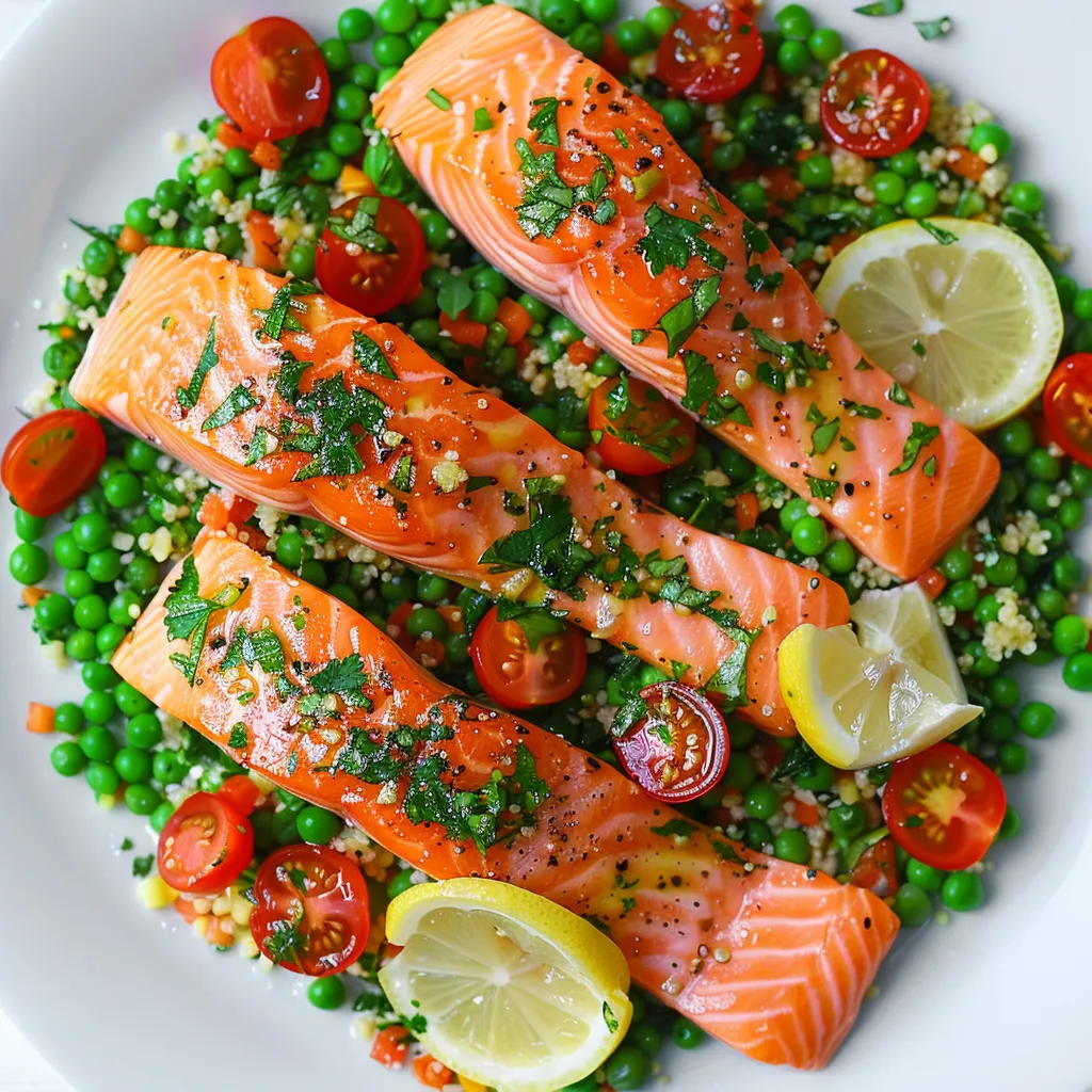 Saumon froid avec taboulé parfumé et légumes frais
